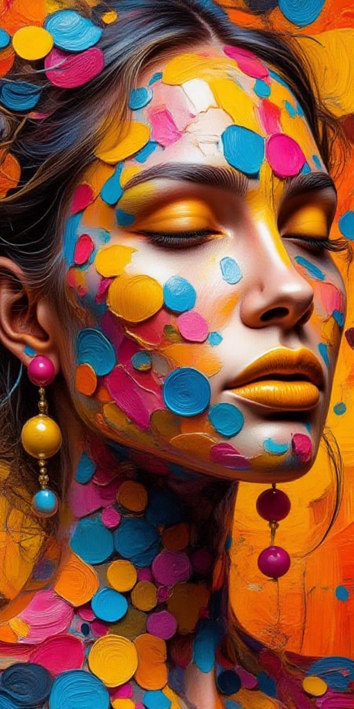 Digital art,  Captured at eye-level on a vibrant day,  a close-up of a woman's face is adorned with a mosaic of blue on Te...