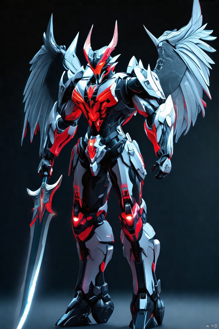 dweapon,Magic effects, pure black background, ethereal beauty, a huge robot demon with two wings, wings retracted, black and red mecha machines standing forward on the ground, holding a sharp sword,