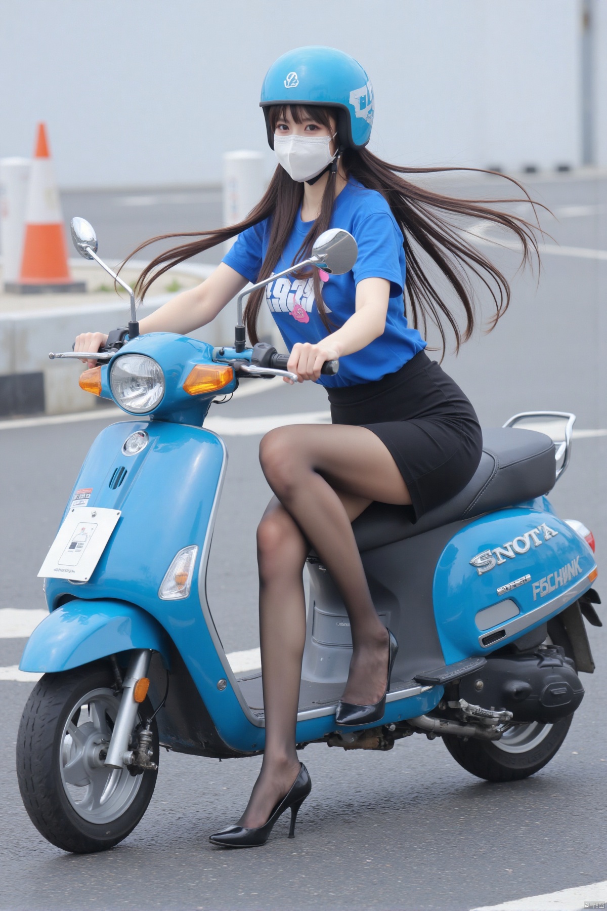 Realistic photo, 1girl, wearing mask, long flowing hair, blue helmet, fair skin, big breasts, blue T-shirt, short pencil skirt, (shiny pantyhose), long legs, high heels, full body, Street, (riding a blue motorcycle scooter),