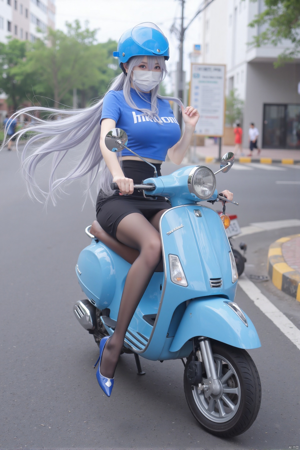 Realistic photo, 1girl, wearing mask, long flowing hair, blue helmet, fair skin, big breasts, blue T-shirt, short pencil skirt, (shiny pantyhose), long legs, high heels, full body, Street, (riding a blue motorcycle scooter),