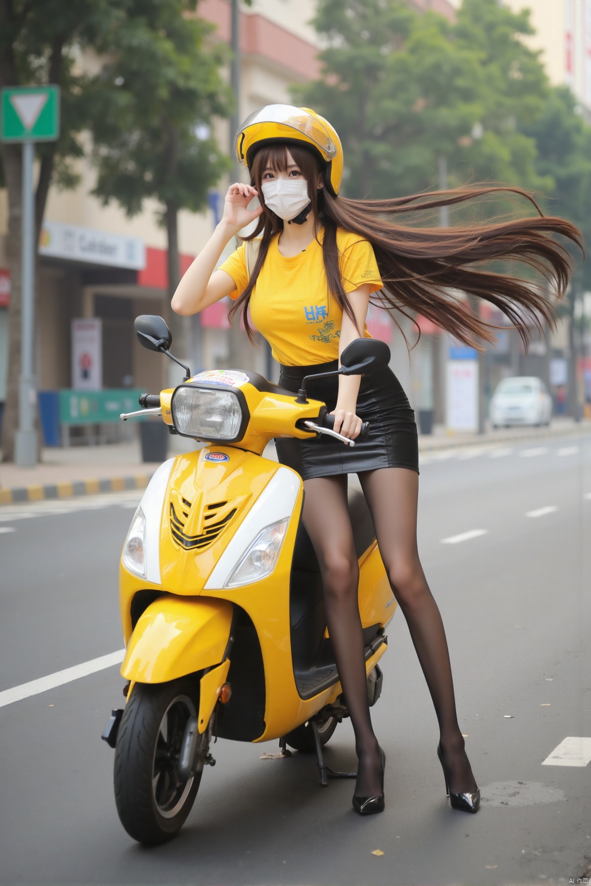 Realistic photo, 1girl, wearing mask, long flowing hair, yellow helmet, fair skin, big breasts, yellow T-shirt, short pencil skirt, (shiny pantyhose), long legs, high heels, full body, Street, (riding a yellow motorcycle scooter),