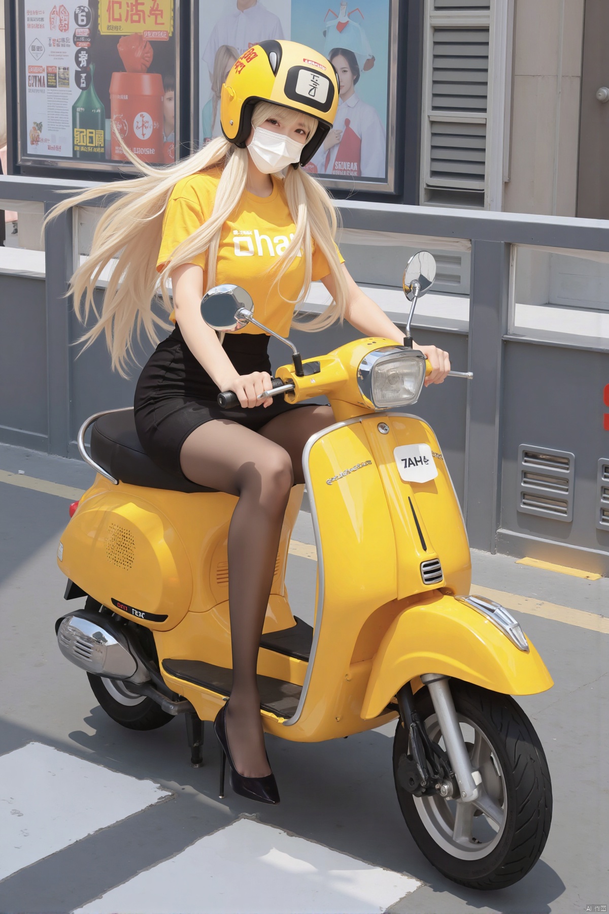 Realistic photo, 1girl, wearing mask, long flowing hair, yellow helmet, fair skin, big breasts, yellow T-shirt, short pencil skirt, (shiny pantyhose), long legs, high heels, full body, Street, (riding a yellow motorcycle scooter),