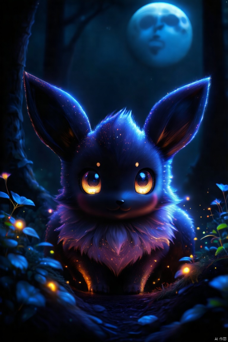 pmonster,(magical animal:1.2),vibrant,fluffy creature,rich fur,large expressive eyes,long pointed ears,dark background,glowing particles,magical feel,(best quality,4k,8k,highres,masterpiece:1.2),ultra-detailed,(realistic,photorealistic,photo-realistic:1.37),fantasy art,enchanting atmosphere,soft lighting,ethereal glow,whimsical,sparkling effects,shimmering,deep shadows,contrasting colors,mythical forest,enchanted woods,night scene,moonlight,starlit sky,neon hues,glittering,otherworldly,ethereal,beautiful detailed eyes,beautiful detailed fur,sharp focus,physically-based rendering,extreme detail description,professional,vivid colors,bokeh