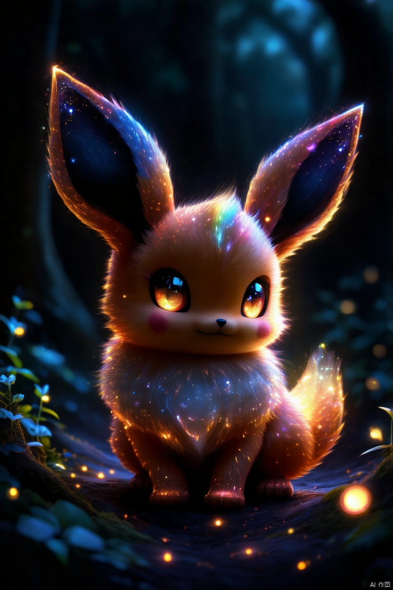 pmonster,(magical animal:1.2),vibrant,fluffy creature,rich fur,large expressive eyes,long pointed ears,dark background,glowing particles,magical feel,(best quality,4k,8k,highres,masterpiece:1.2),ultra-detailed,(realistic,photorealistic,photo-realistic:1.37),fantasy art,enchanting atmosphere,soft lighting,ethereal glow,whimsical,sparkling effects,shimmering,deep shadows,contrasting colors,mythical forest,enchanted woods,night scene,moonlight,starlit sky,neon hues,glittering,otherworldly,ethereal,beautiful detailed eyes,beautiful detailed fur,sharp focus,physically-based rendering,extreme detail description,professional,vivid colors,bokeh