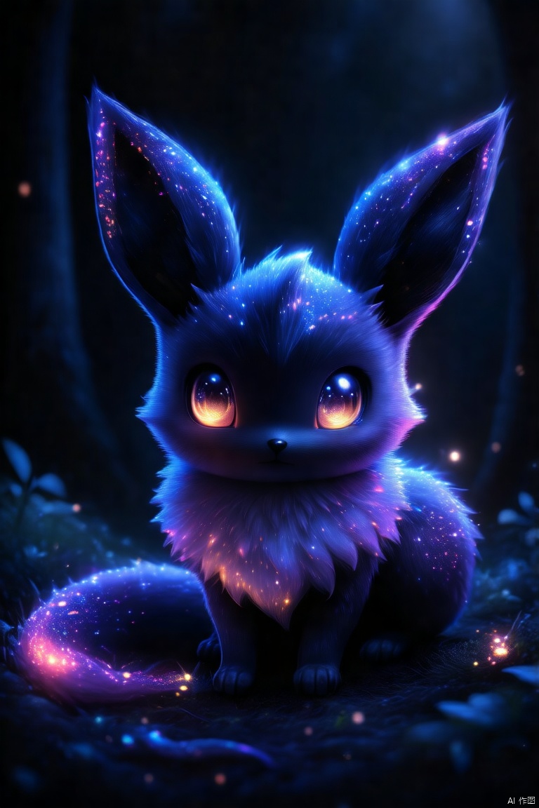 pmonster,(magical animal:1.2),vibrant,fluffy creature,rich fur,large expressive eyes,long pointed ears,dark background,glowing particles,magical feel,(best quality,4k,8k,highres,masterpiece:1.2),ultra-detailed,(realistic,photorealistic,photo-realistic:1.37),fantasy art,enchanting atmosphere,soft lighting,ethereal glow,whimsical,sparkling effects,shimmering,deep shadows,contrasting colors,mythical forest,enchanted woods,night scene,moonlight,starlit sky,neon hues,glittering,otherworldly,ethereal,beautiful detailed eyes,beautiful detailed fur,sharp focus,physically-based rendering,extreme detail description,professional,vivid colors,bokeh