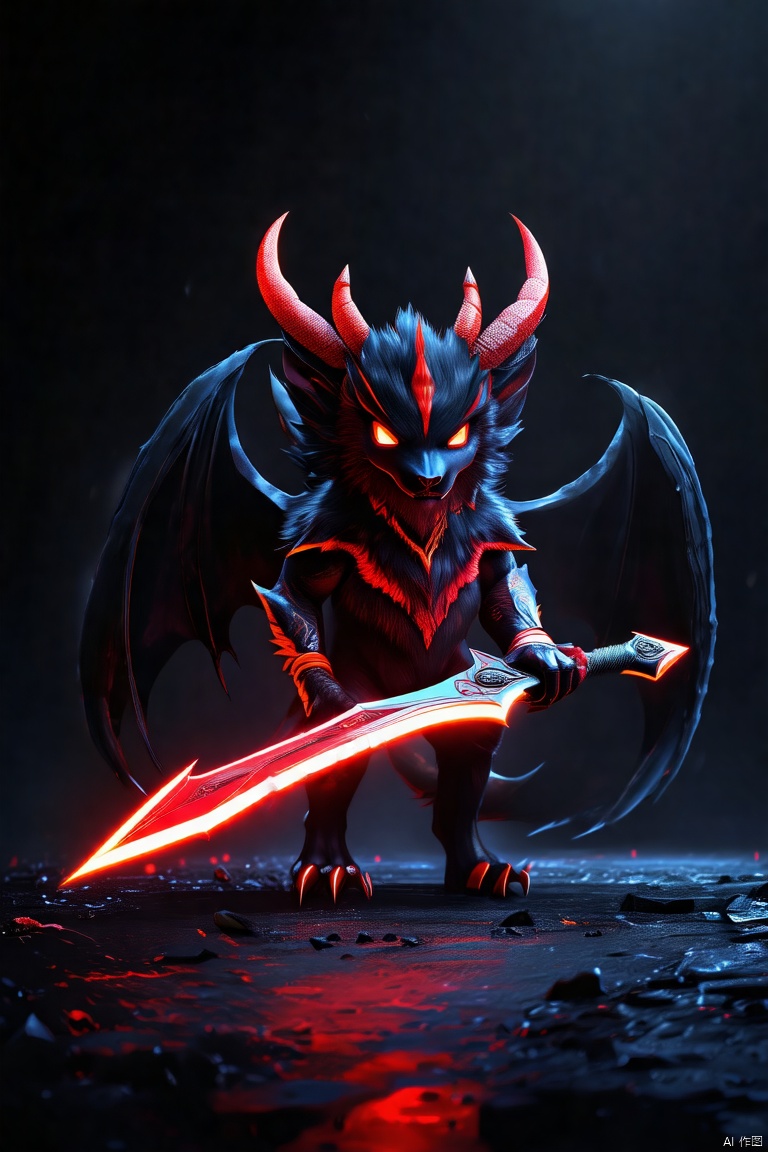 pmonster,dweapon,(best quality,4k,8k,highres,masterpiece:1.2),ultra-detailed,(realistic,photorealistic,photo-realistic:1.37),ethereal beauty,huge demon animal,two wings retracted,black and red animal,standing forward on the ground,holding a weapon,pure black background,magic effects,glowing eyes,sharp claws,detailed fur,menacing expression,otherworldly atmosphere,dark fantasy,neon accents,shadows,contrast,deep shadows,red highlights,fiery aura,ominous presence,night scene,studio lighting,ultra-fine painting,sharp focus,physically-based rendering,extreme detail description,professional,vivid colors,bokeh,digital art,concept art,horror,sci-fi