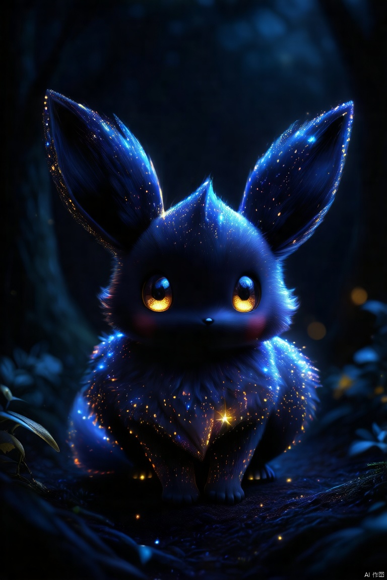 pmonster,(magical animal:1.2),vibrant,fluffy creature,rich fur,large expressive eyes,long pointed ears,dark background,glowing particles,magical feel,(best quality,4k,8k,highres,masterpiece:1.2),ultra-detailed,(realistic,photorealistic,photo-realistic:1.37),fantasy art,enchanting atmosphere,soft lighting,ethereal glow,whimsical,sparkling effects,shimmering,deep shadows,contrasting colors,mythical forest,enchanted woods,night scene,moonlight,starlit sky,neon hues,glittering,otherworldly,ethereal,beautiful detailed eyes,beautiful detailed fur,sharp focus,physically-based rendering,extreme detail description,professional,vivid colors,bokeh