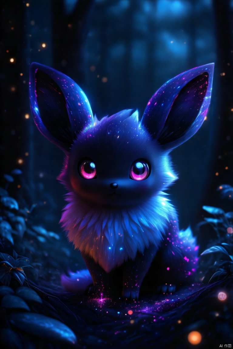 pmonster,(magical animal:1.2),vibrant,fluffy creature,rich fur,large expressive eyes,long pointed ears,dark background,glowing particles,magical feel,(best quality,4k,8k,highres,masterpiece:1.2),ultra-detailed,(realistic,photorealistic,photo-realistic:1.37),fantasy art,enchanting atmosphere,soft lighting,ethereal glow,whimsical,sparkling effects,shimmering,deep shadows,contrasting colors,mythical forest,enchanted woods,night scene,moonlight,starlit sky,neon hues,glittering,otherworldly,ethereal,beautiful detailed eyes,beautiful detailed fur,sharp focus,physically-based rendering,extreme detail description,professional,vivid colors,bokeh