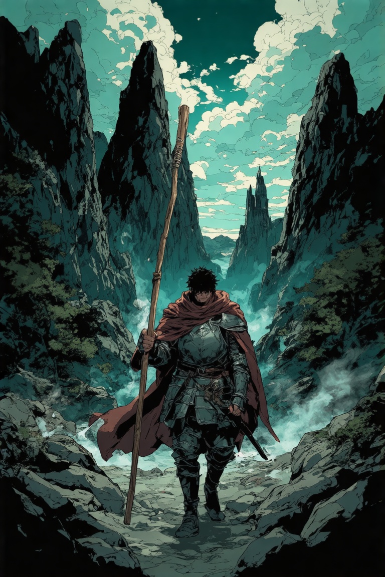 This mangacover kei depicting a fantasy scene set in a dark,  cavernous landscape. The artwork is rendered in a dark,  moo...