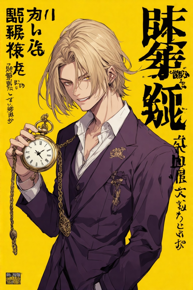 This mangacover kei is featuring a young man with a rebellious and mysterious aura. The background is predominantly yellow...
