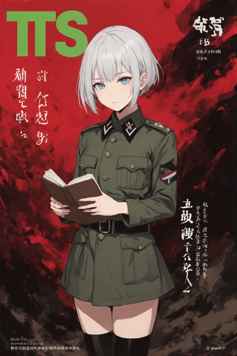 This is a mangacover kei of a young woman with short,  white hair and a pale complexion. She has a slender build and is dr...