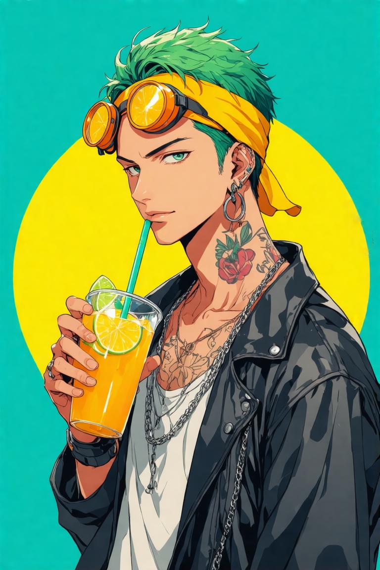 This is a mangacover kei featuring a young man with a striking appearance. He has short,  green hair and a confident,  int...