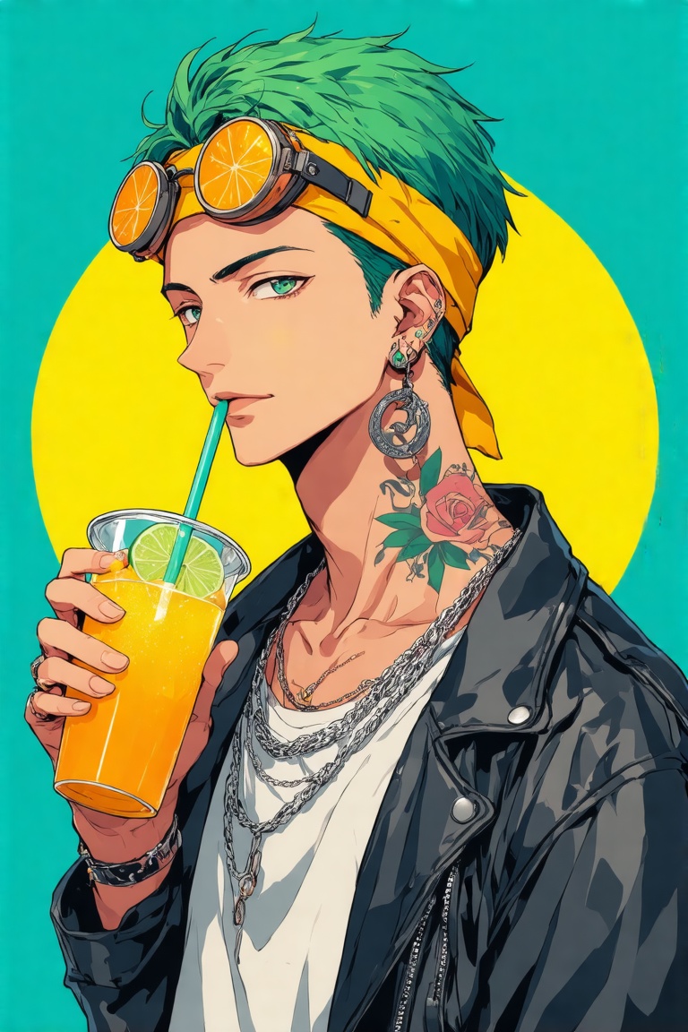 This is a mangacover kei featuring a young man with a striking appearance. He has short,  green hair and a confident,  int...