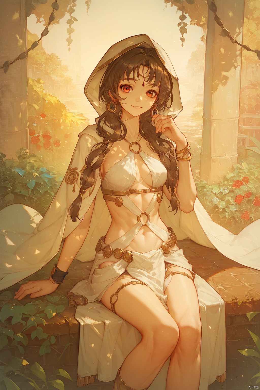 score_9,score_8_up,score_7_up,score_6_up,Aksha _ Eve,1girl, solo,  smile, looking at viewer,,official Cloth,hooded up,sitting on garden outdoors,