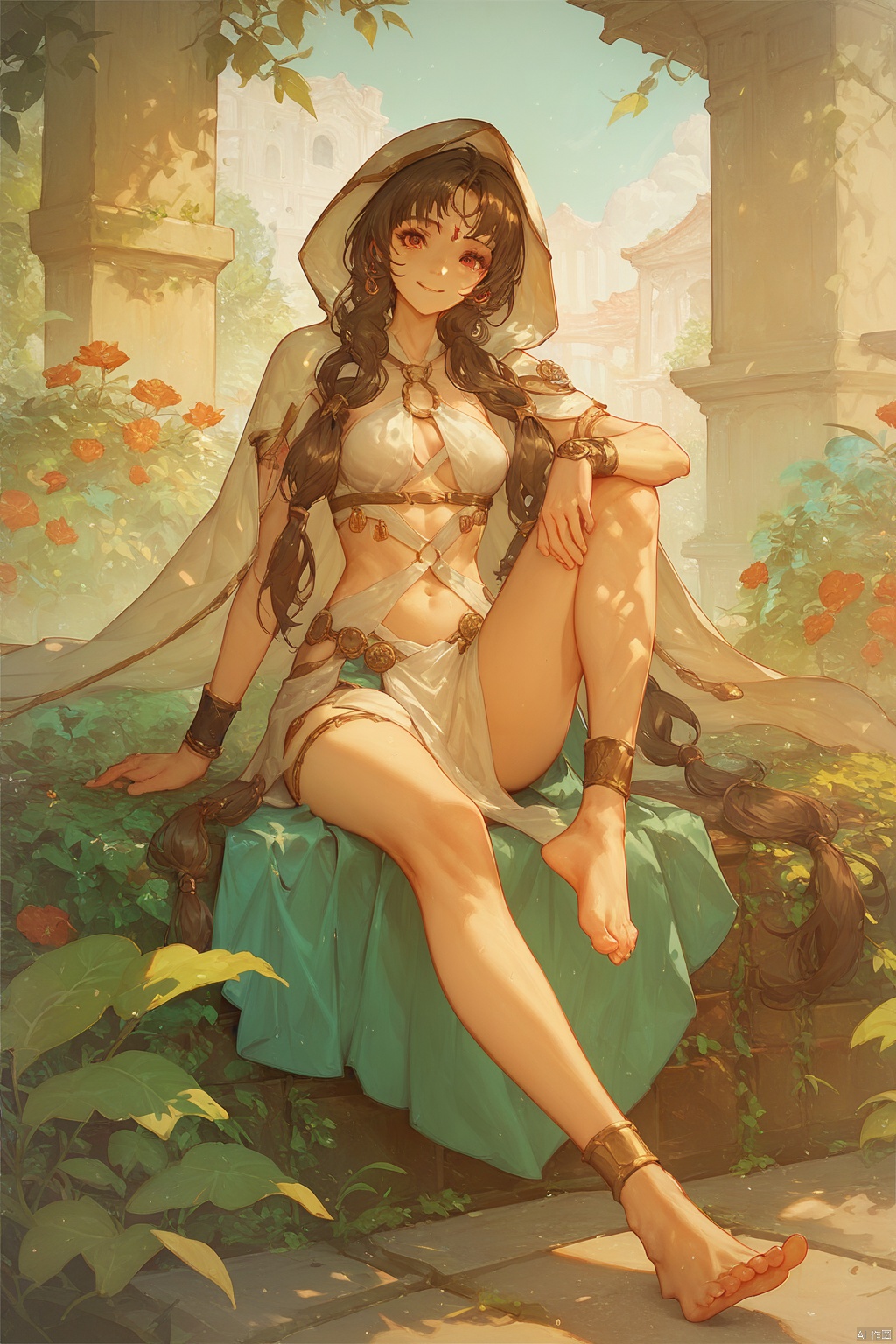 score_9,score_8_up,score_7_up,score_6_up,Aksha _ Eve,1girl, solo,  smile, looking at viewer,,official Cloth,hooded up,sitting on garden outdoors,Absolute long hair to feet