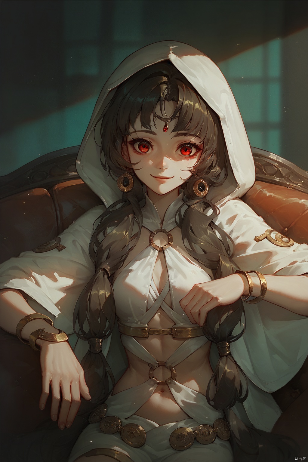 score_9,score_8_up,score_7_up,score_6_up,Aksha _ Eve,1girl, solo,  smile, looking at viewer,,official Cloth,hooded up,sitting on couch indiirs,Absolute long hair,through windows is night city,upper body,red eyes,white clothes