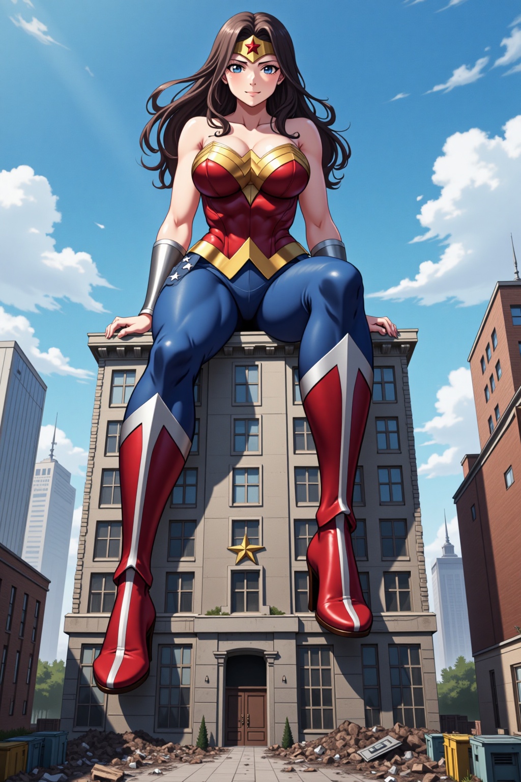 giant,  a wonder woman sitting at the top of building,  debris. Anime-style on Tensor.Art