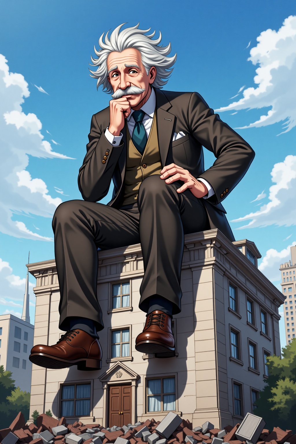 giant,  a albert einstein sitting at the top of building,  debris. Anime-style. Pose like thr thinker statue on Tensor.Art