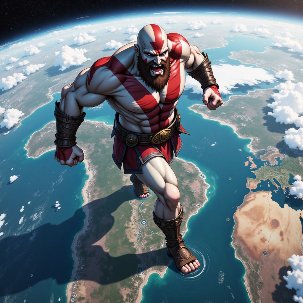 giant,  a giant kratos god of war run on the top of planet surface,  continent on Tensor.Art