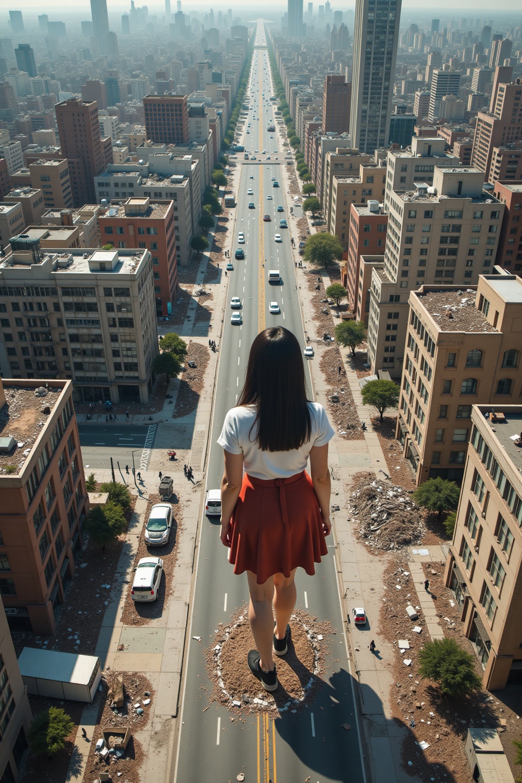 giant,  a beautiful girl standing at the cityscape,  debris. Photograph style. Aerial view on Tensor.Art