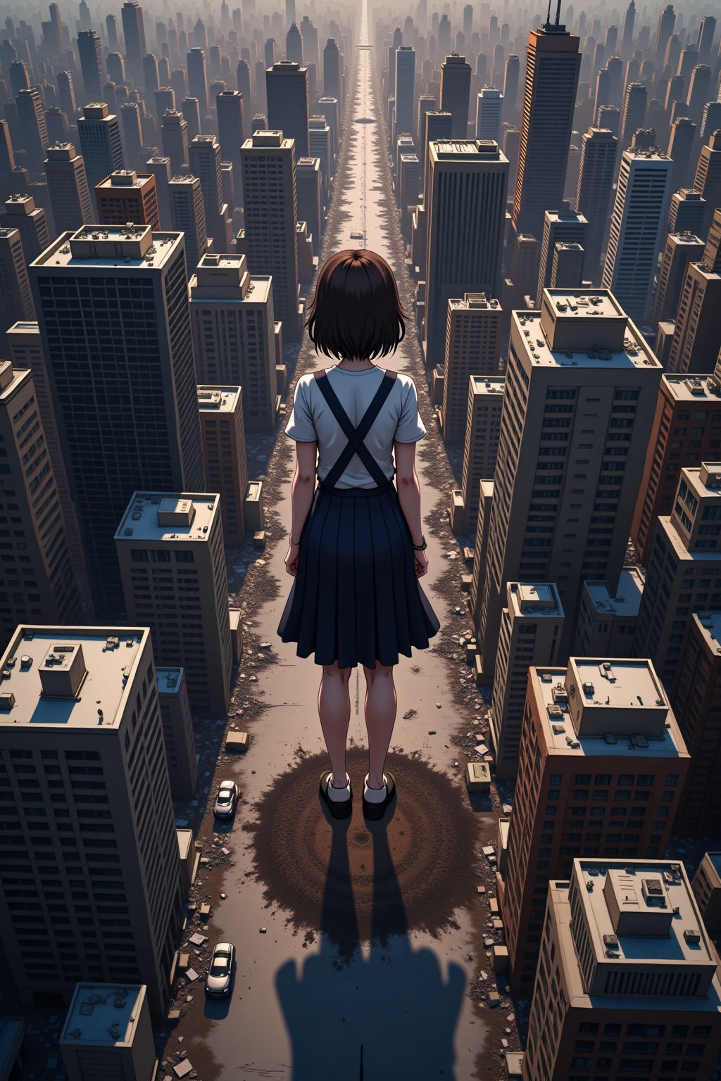 giant,  a beautiful girl standing at the cityscape,  debris. Anime-style style. Aerial view on Tensor.Art