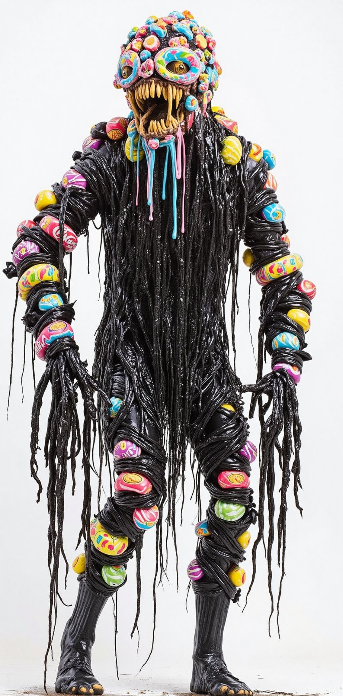 A shadowy monster with tentacle-like limbs made of black licorice and a body dripping with gooey,  melted marshmallows. It...