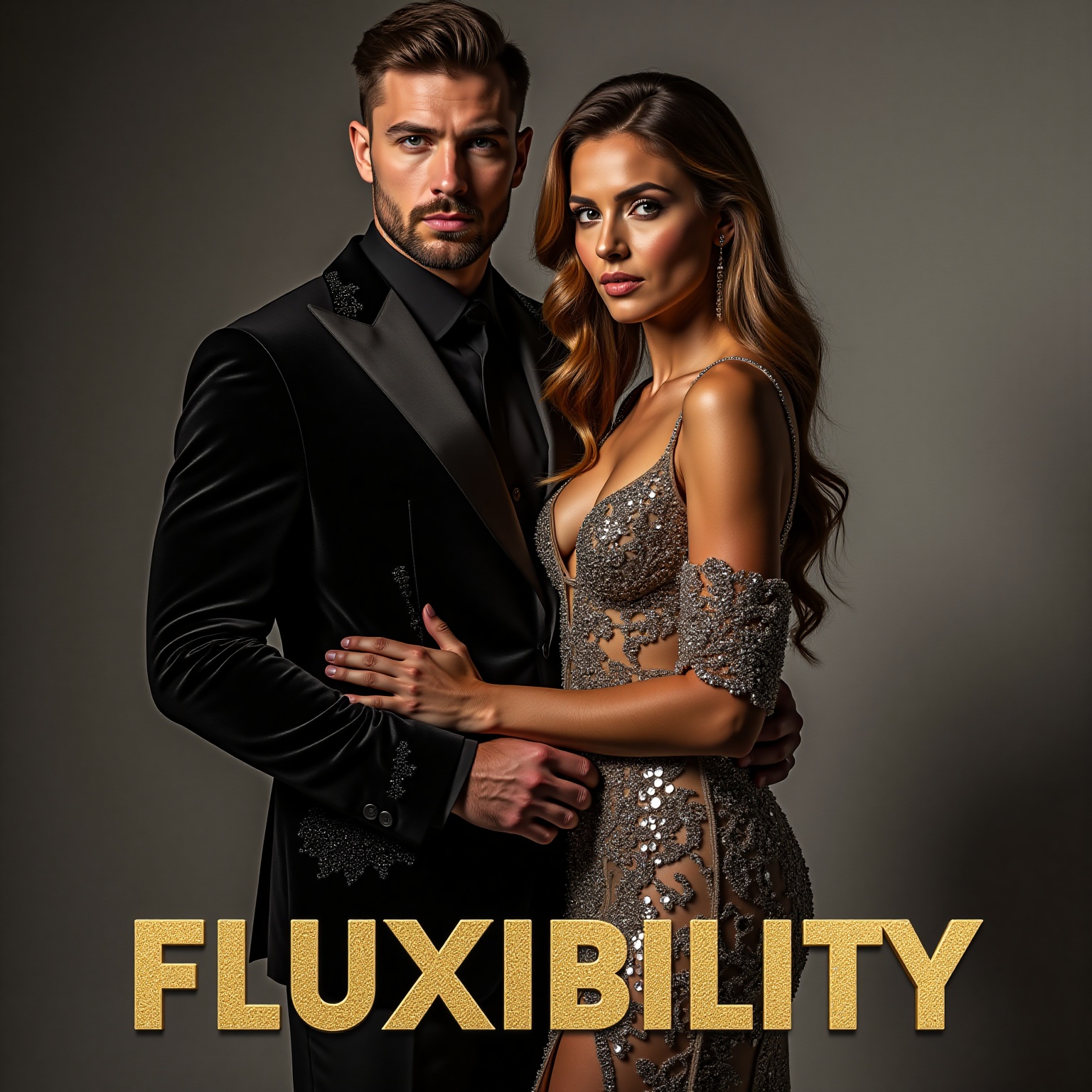 "A breathtaking high-fashion photoshoot featuring a glamorous couple posing for a luxury magazine cover. The male model,...