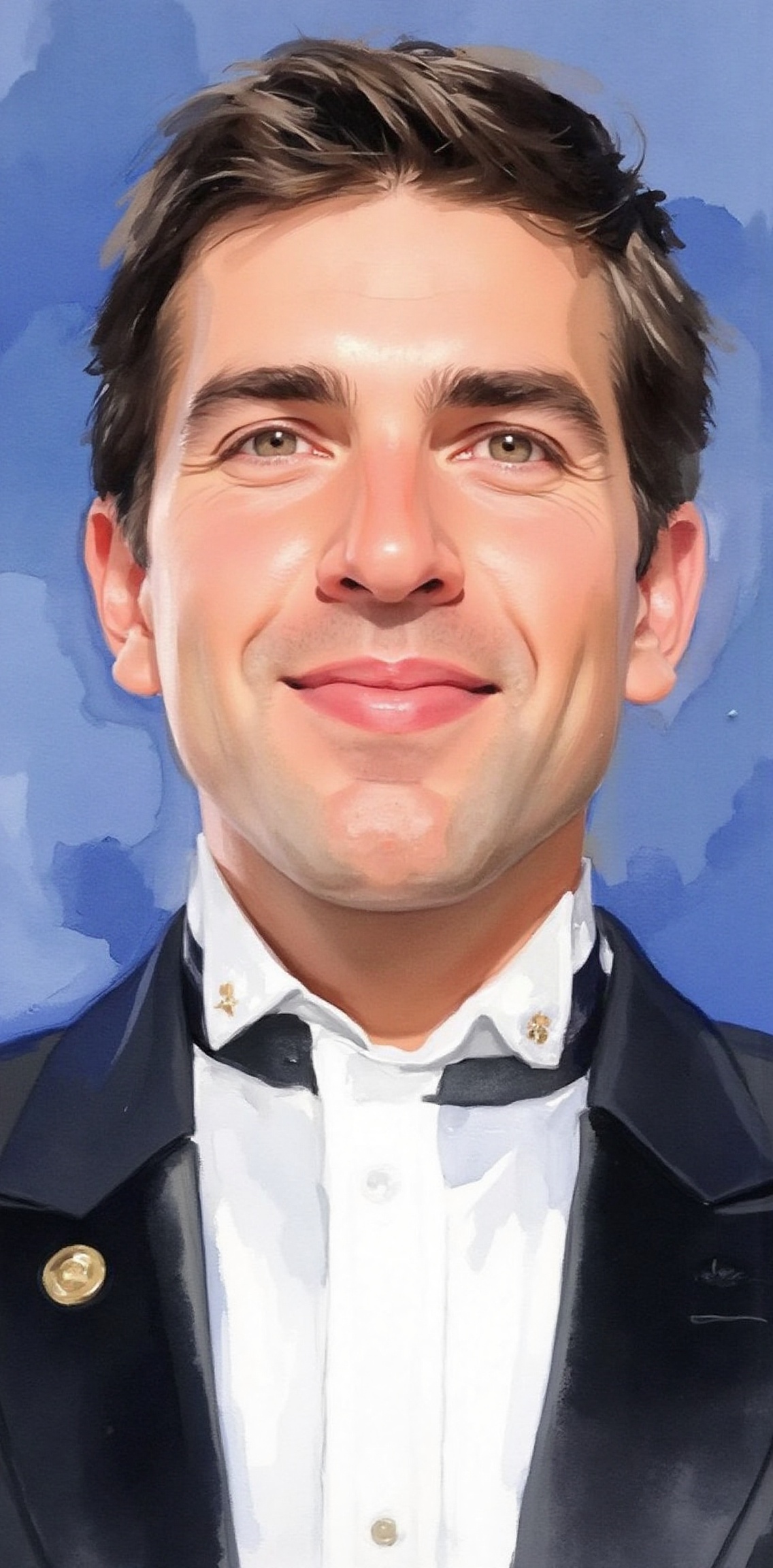 Captured from a close-up,  eye-level perspective,  a medium-sized man with dark brown hair and brown eyes stands in front...