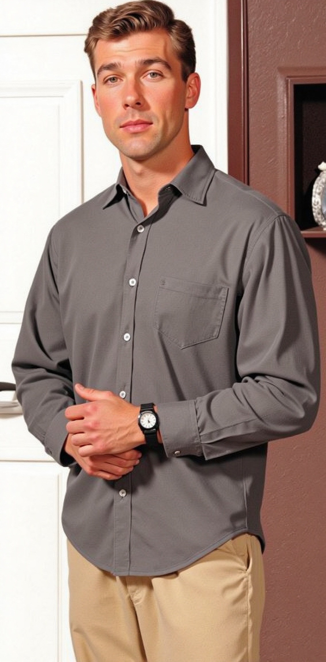 a medium-sized man stands in front of a white door. He is dressed in a long-sleeved gray button-down shirt,  adorned with...