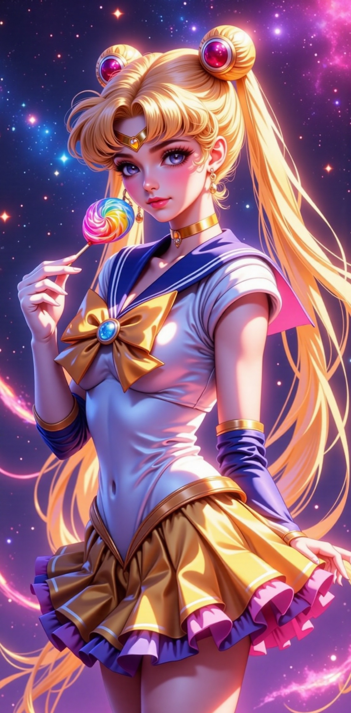 "Sailor Moon confidently posing as a supermodel,  wearing a stunning high-fashion version of her iconic sailor outfit. She...