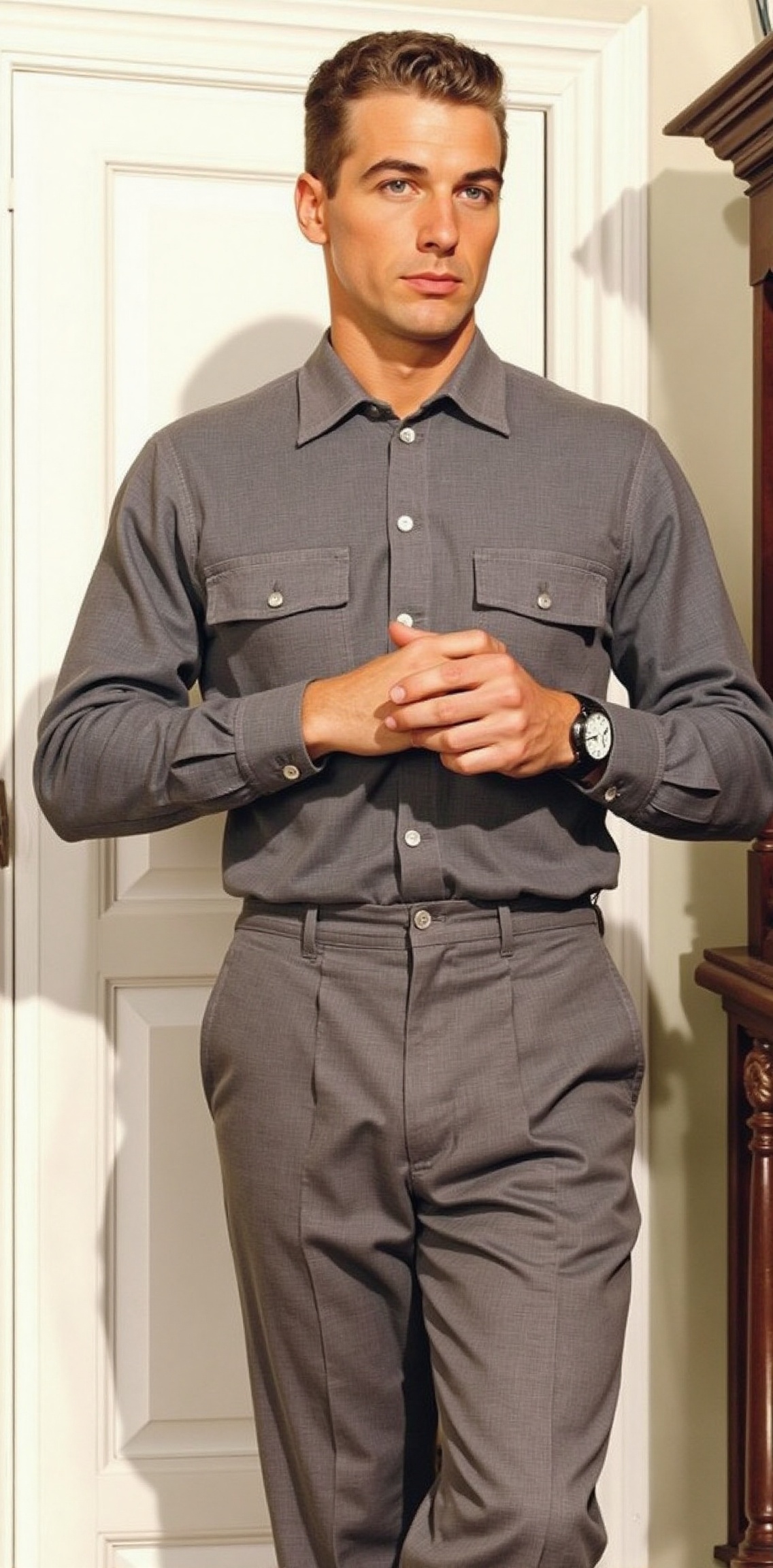 a medium-sized man stands in front of a white door. He is dressed in a long-sleeved gray button-down shirt,  adorned with...
