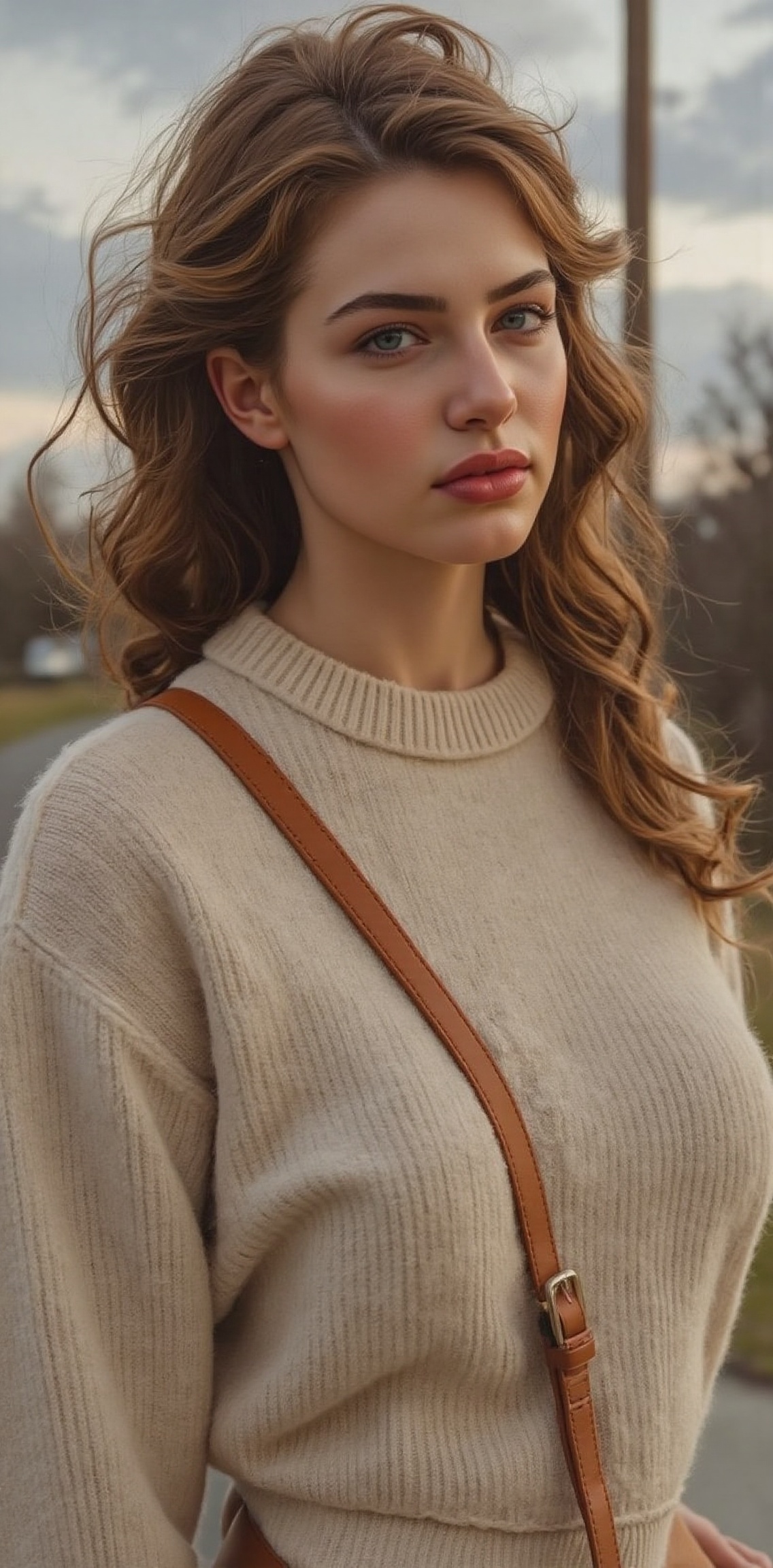 A close-up shot of a woman with long,  wavy brown hair and blue eyes. She is wearing a cream-colored sweater with a brown...