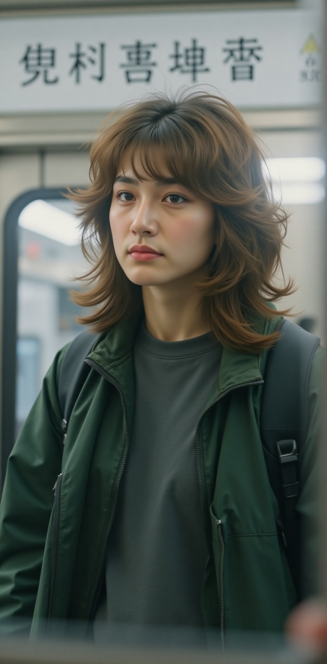 a young Asian woman stands in front of a subway train. She is wearing a green jacket,  a gray t-shirt,  and a black backpa...