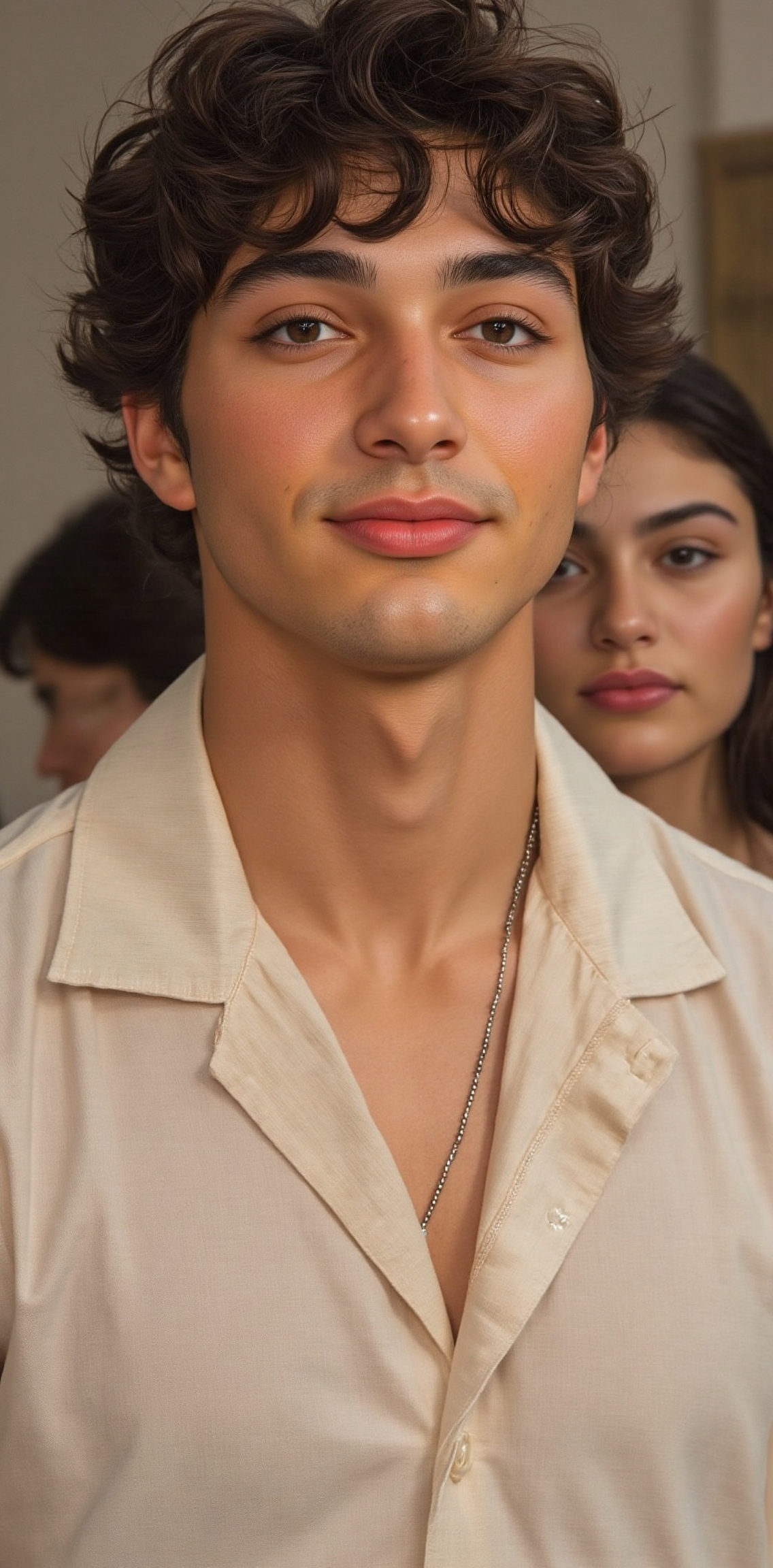 A close-up shot of a medium-sized Asian man with dark brown curly hair. He is wearing a white button-down collared shirt,...
