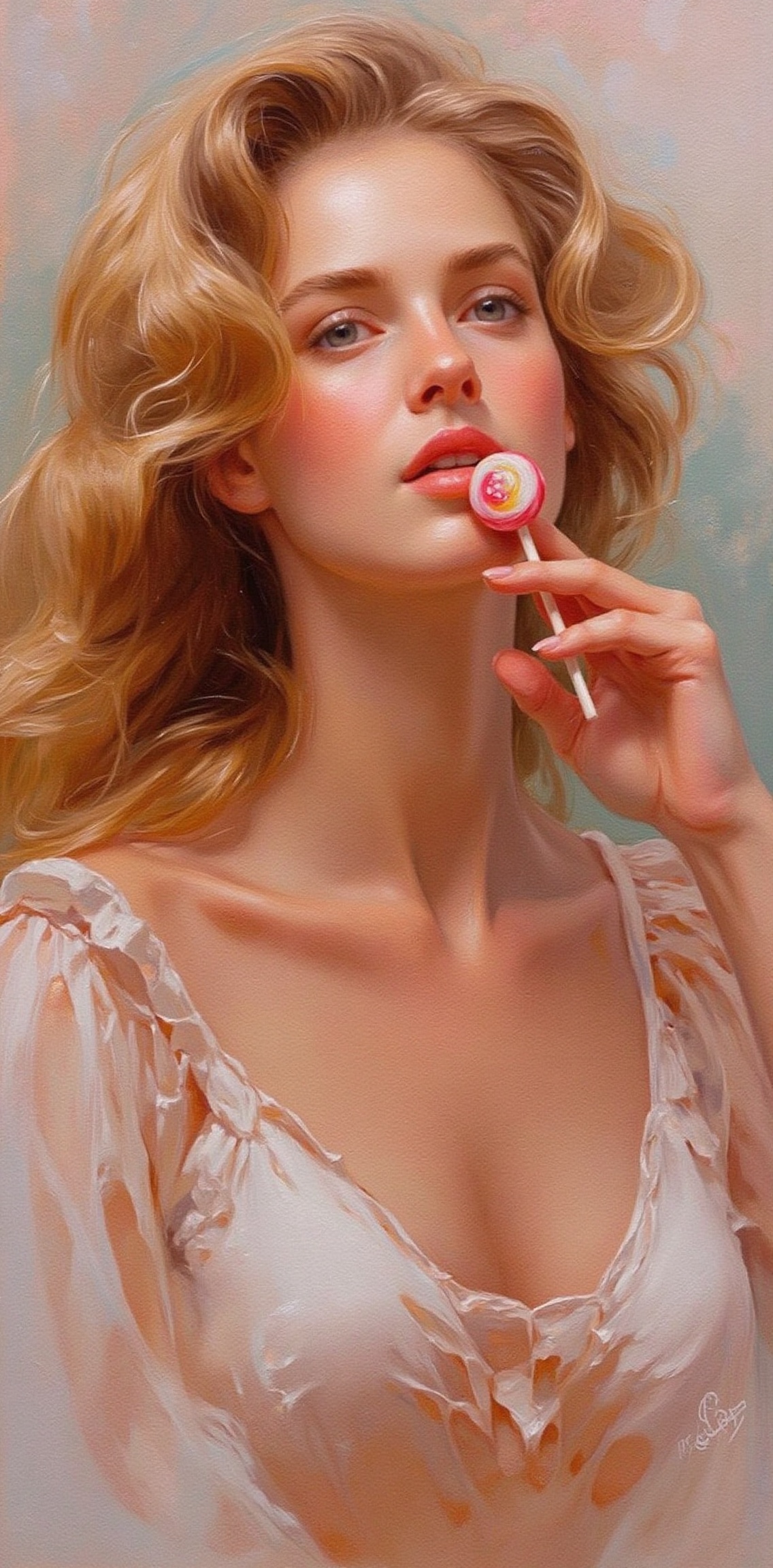A beautiful woman with long flowing hair,  painted in rich oil colors,  is holding a lollypop candy. Her expression is pla...