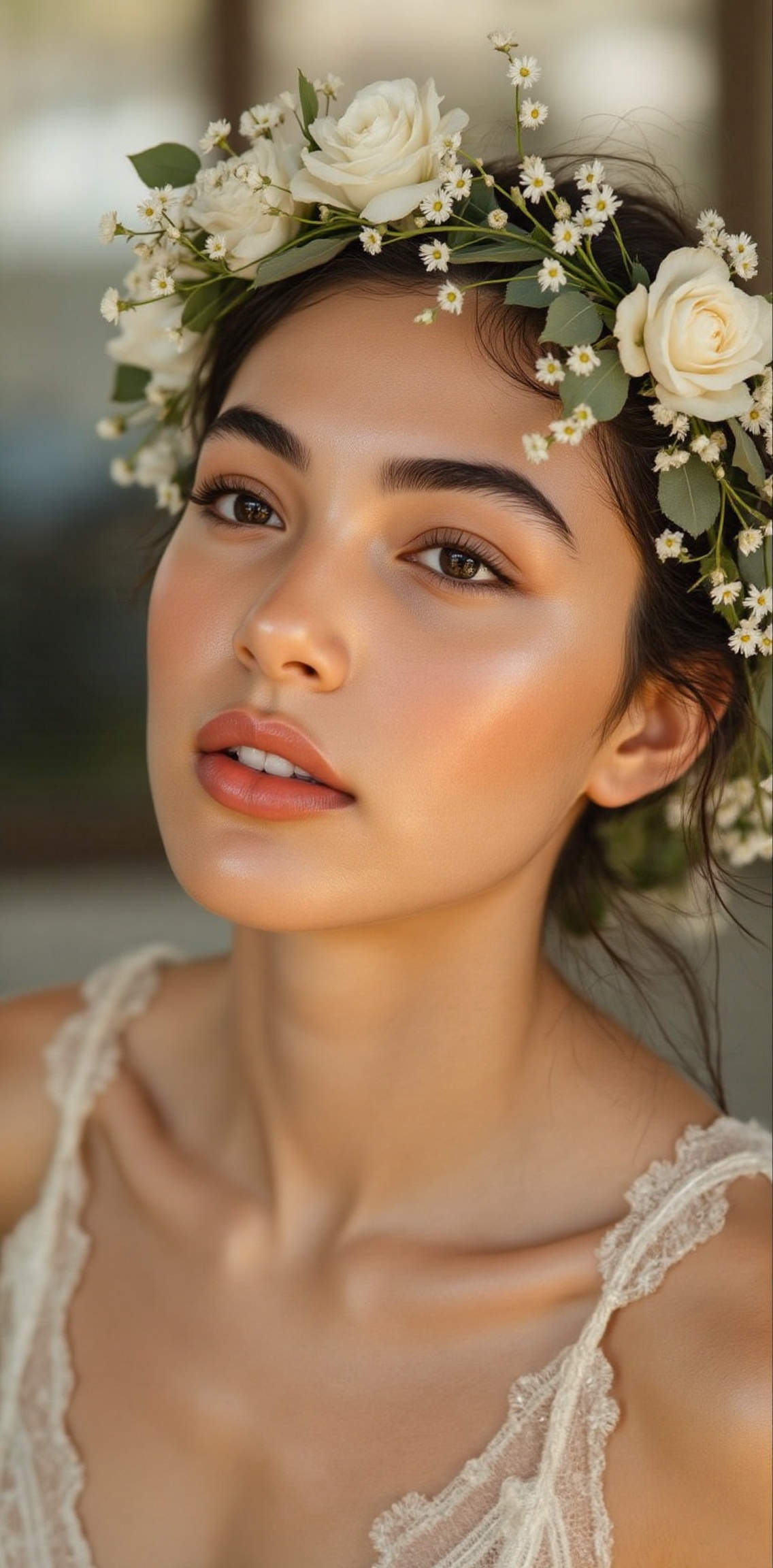 a close-up shot of a young Asian woman with dark brown hair and a wreath of leaves and flowers on her head. The woman's he...