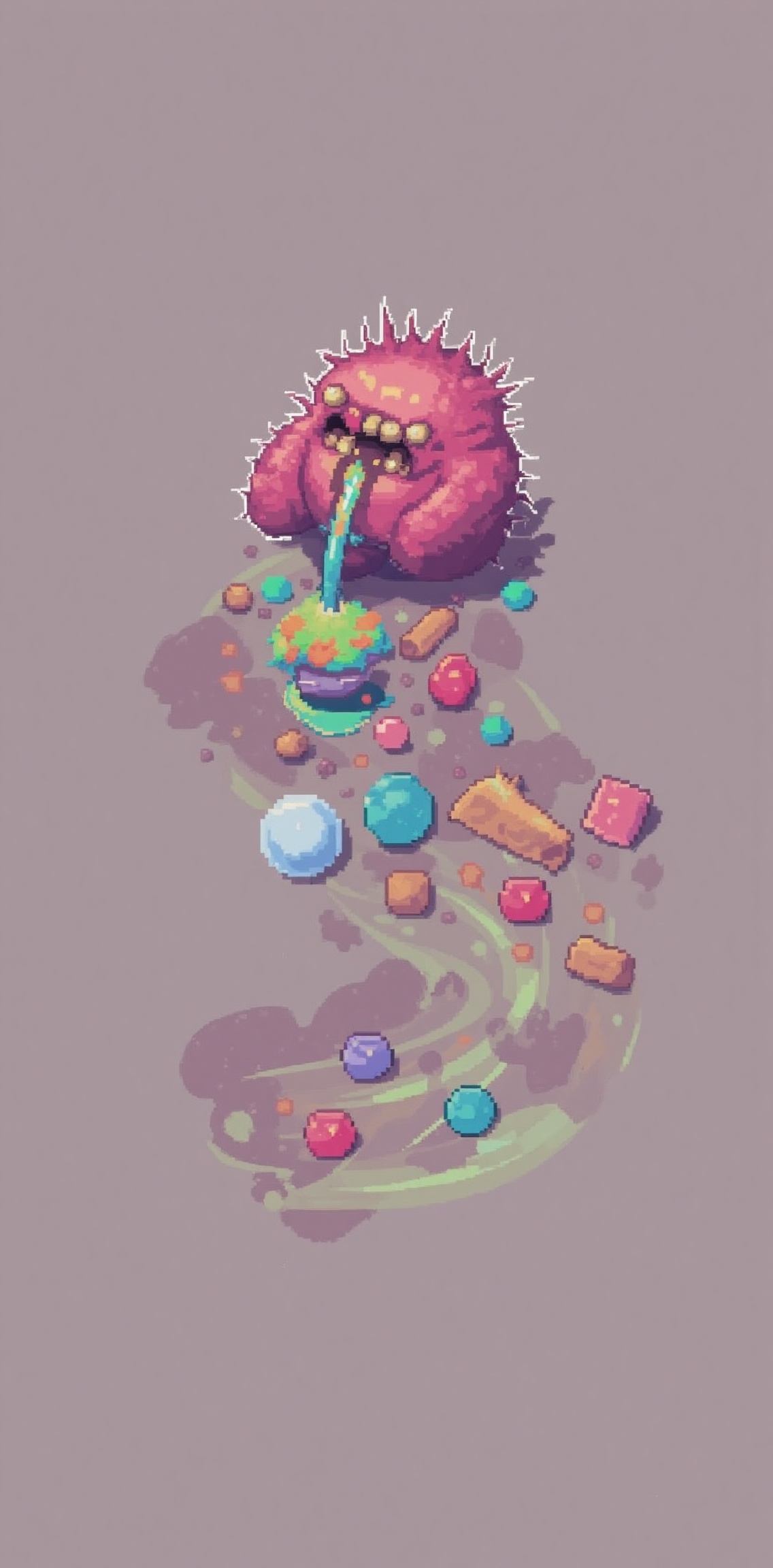 "Create a pixel-style candy monster with a jellybean torso,  licorice arms,  and molten chocolate dripping from its mouth....