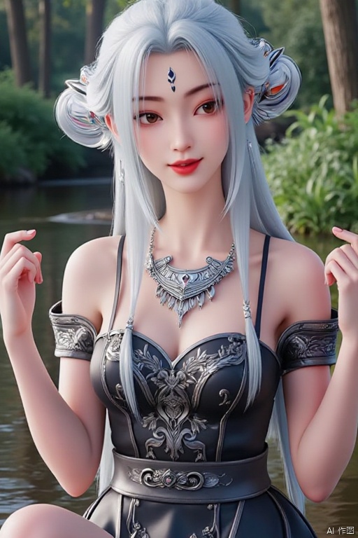 1 Girl, solo, Long Hair, Hair Accessories, Dresses, Bare Shoulders, Cleavage, Jewelry, Panorama, Outdoor, Stream, Water Element, Forest, Explore pear, squid, half, waist up, white hair, earrings, horns, necklaces, look to the side, charm, smile, naughty, facial mark, forehead mark, Red lips, hands raised, tongue sticking out, cute, cute expression, one eye closed, multiple postures