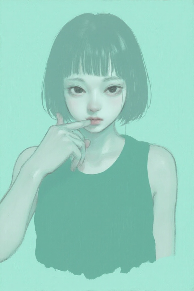 negativespace,  portrait of a woman wearing a sleeveless green blouse,  her silhouette blending into a soft mint-colored b...