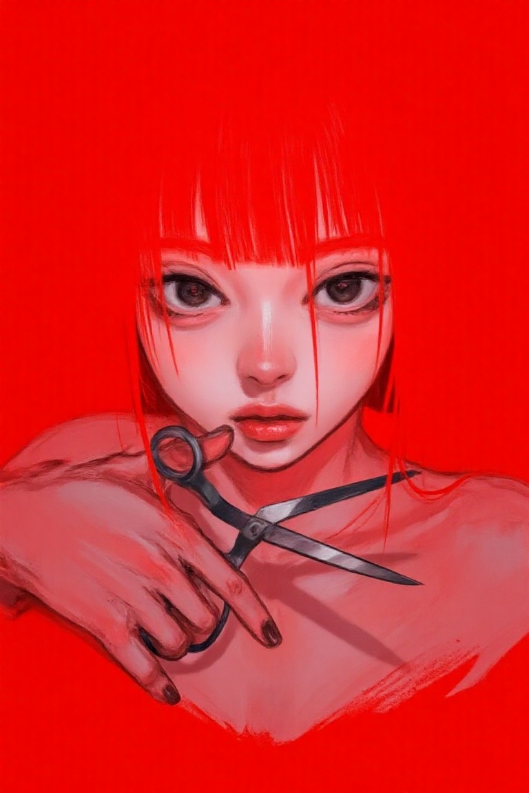 negativespace,  red haired woman holding scissor,  red background on Tensor.Art
