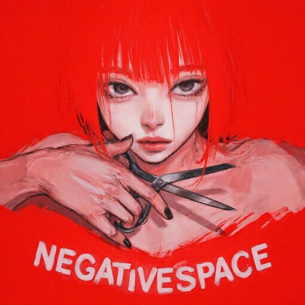 painting white text on bottom that read "NEGATIVESPACE",  negativespace,  red haired woman holding scissor on Tensor.Art