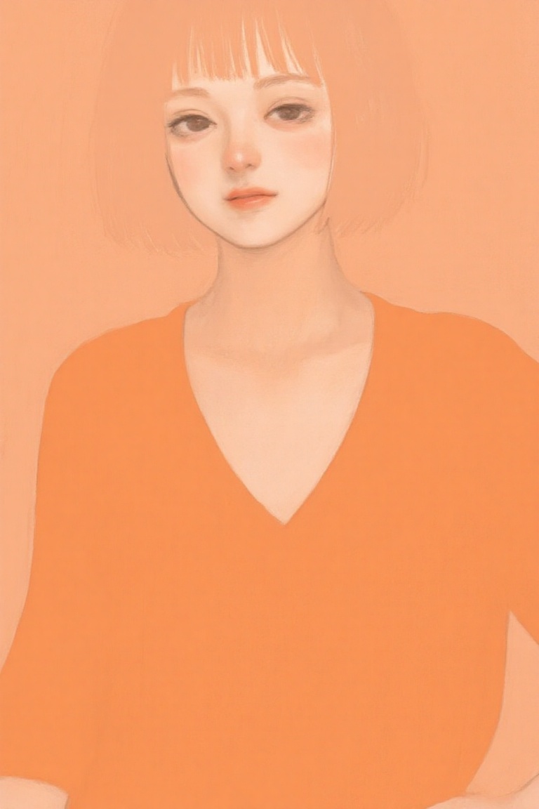 negativespace woman in an orange V-neck blouse,  her shoulders fading gently into a warm,  peach-colored background. on Te...
