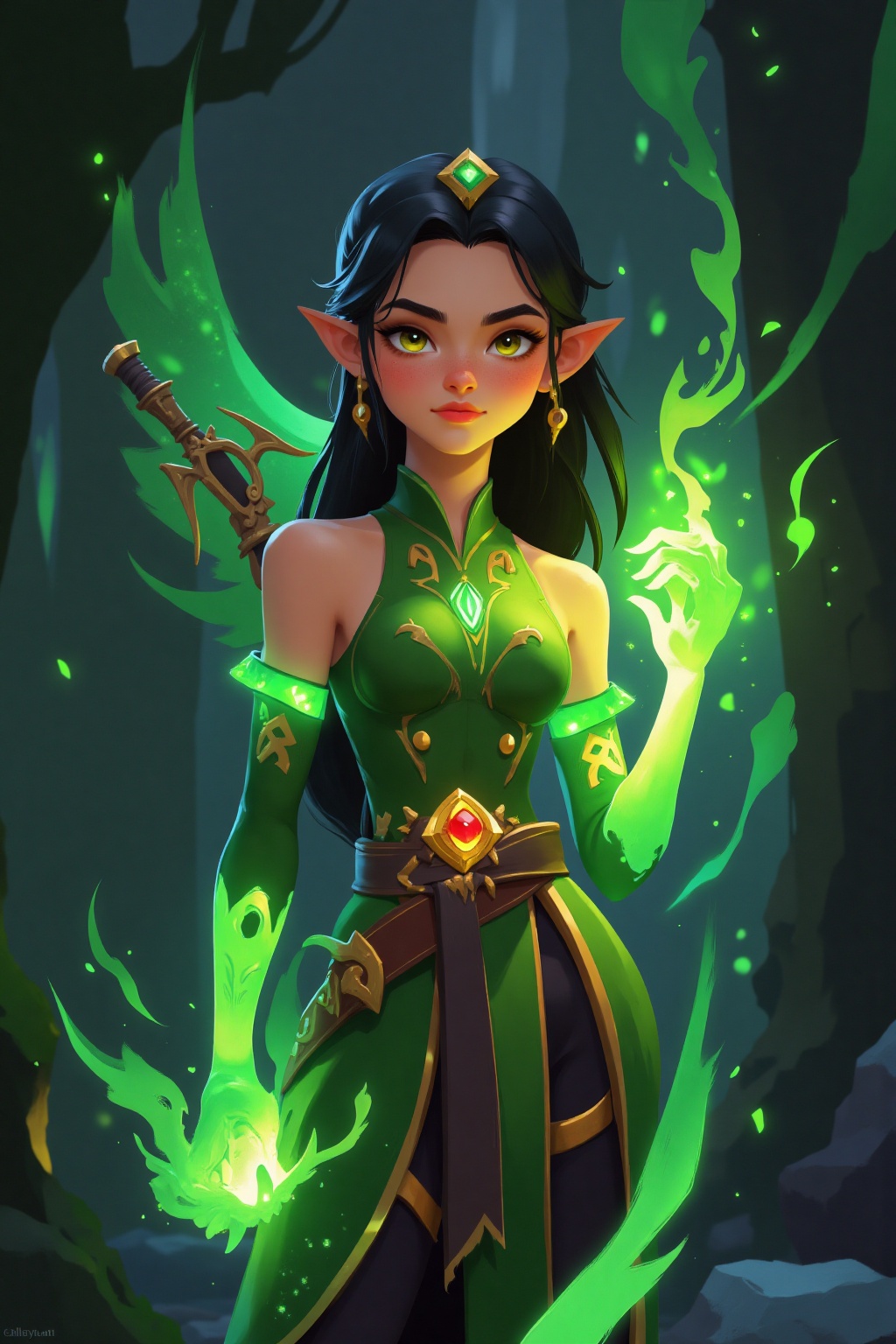 2D, 1girl, beautiful, fantasy, aesthetic, ethereal, green flames, warrior, 