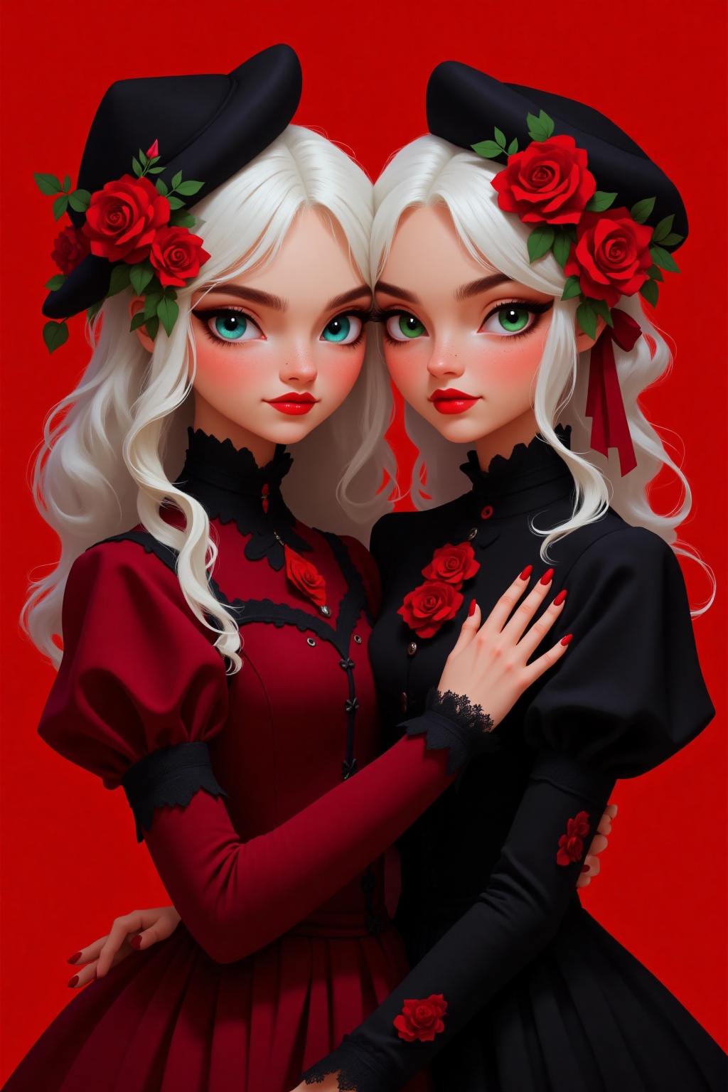 2D, one of them is hugging the other's head, a detailed painting, gothic art, multiple girls, 2girls, long hair, looking at viewer, flower, red flower, parted lips, puffy sleeves, hat, dress, rose, green eyes, bangs, red background, upper body, Juliet sleeves, red rose, long sleeves, red dress, white hair, hat flower, black headwear, makeup, black dress, red lips, frills, lace, lace trim, siblings, heads together, aqua eyes, masterpiece, best quality, aesthetic,
