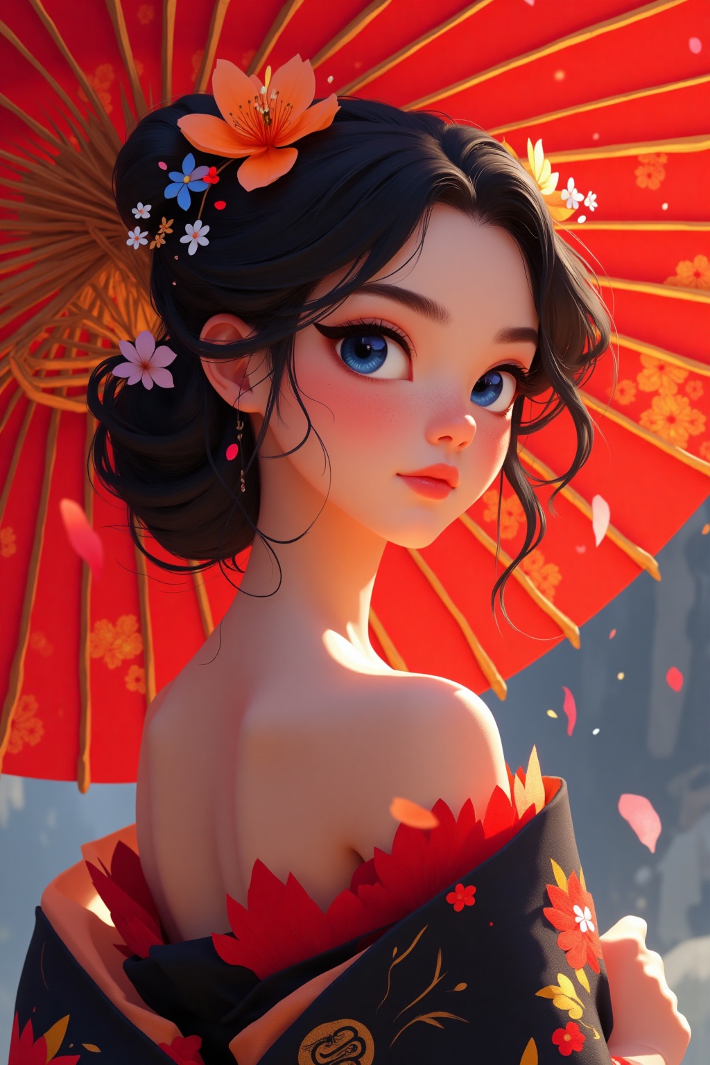 2d, A portrait beautiful girl wearing an off-shoulder black and red kimono. The womans head is tilted, and her hair is loose on her shoulders. Her eyes are a sharp blue, and her lips are red. Her hair is adorned with a crown of flowers, which adds a touch of beauty to the scene. simple background with falling petals with depth of field effect. she is holding a red paper umbrella with many gold patterns, view from side.