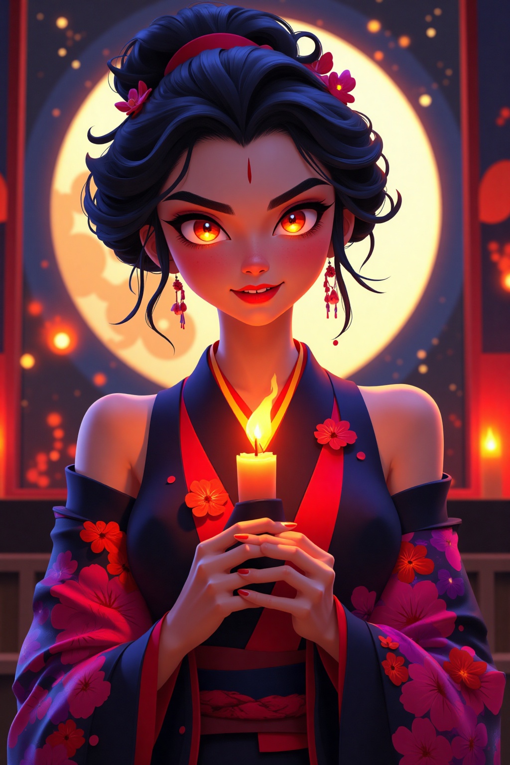 2D, A beautiful geisha in a luxurious off-shoulder kimono with petal-like patterns, looks at the front and viewer with a seductive smile. Her eyes gleam with a mysterious light, and her (vampire fangs are visible with a little drop of blood on the corner of her mouth. She is holding a candle, which is on fire. The scene feels magical and alluring, blending traditional Japanese elegance with a dark, supernatural twist. Anime style, vibrant colors, highly detailed kimono fabric and floral motifs, glowing moonlight in the background.