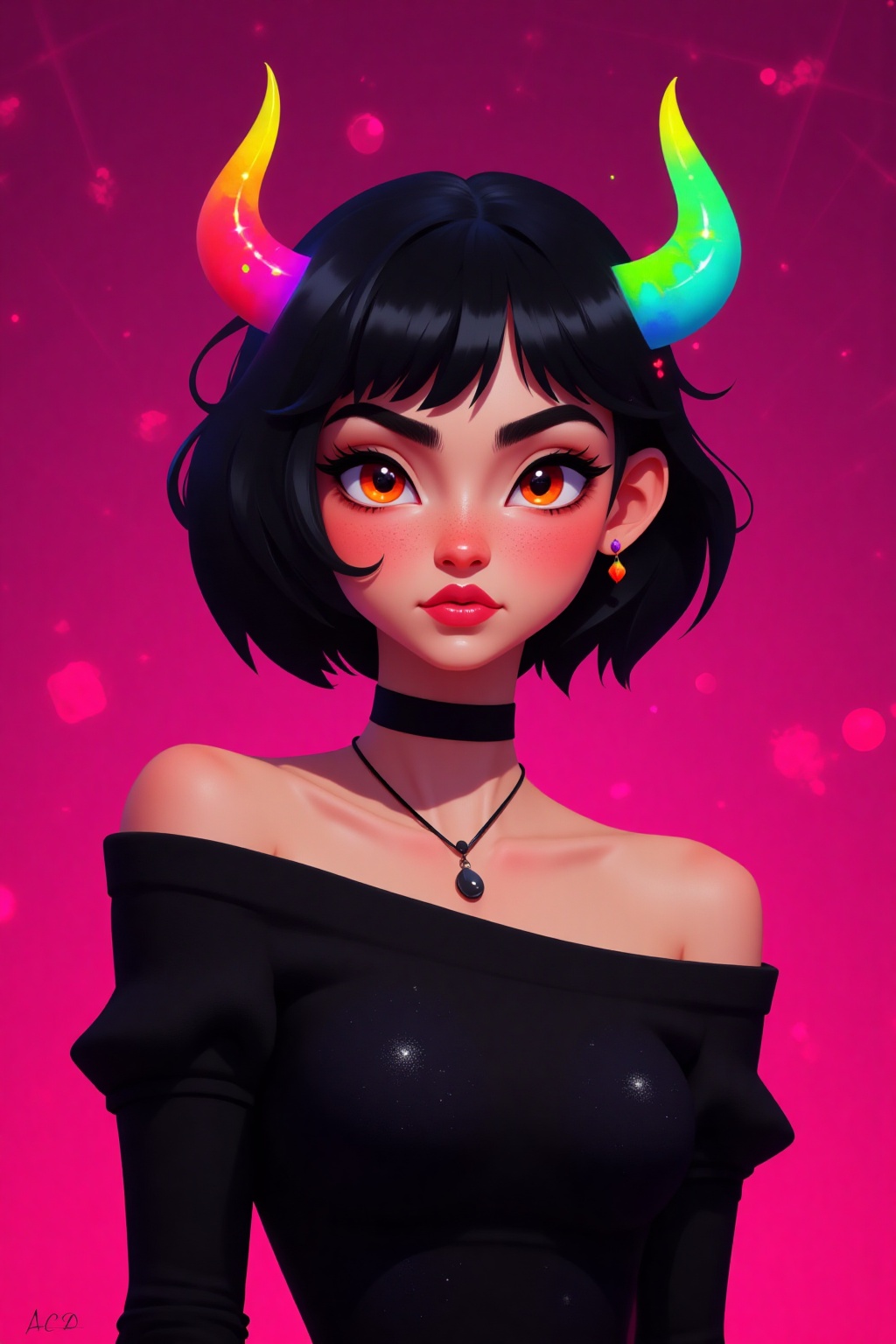 2D, 1girl, portrait, goth, rainbow colorful horns, bob cut, funny expression, inexpressive, black hair, looking at viewer, gradient pink and black background, kawaii colors, spider web texture, fantasy, off-shoulder_sweater, large_breasts, ace, dynamic pose, dynamic angles
