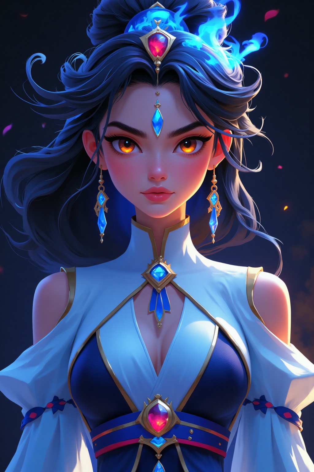 2d, 1girl, beautiful, fantasy, aesthetic, ethereal, blue flames, Chinese talisman, chains,