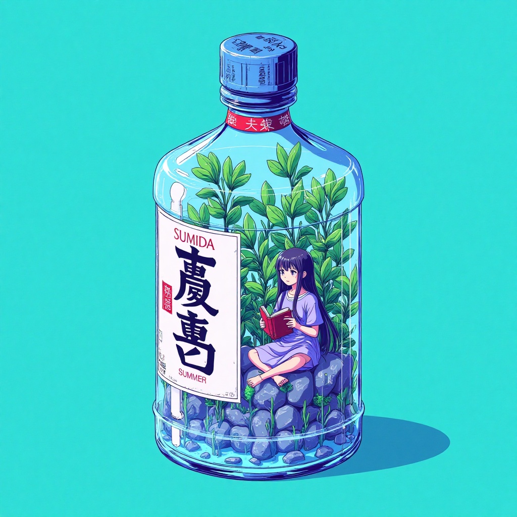 Inside the Bottle, this digital drawing features a vector illustration of a Sumida beer bottle set against a solid teal background. The clear cylindrical bottle is filled with a small amount of water and green aquatic plants, including leaves and small translucent rocks. Inside the bottle, a young girl with long dark hair sits cross-legged, wearing a light purple dress and holding a book. The bottle’s label, positioned on the left side, is white with red text reading "SUMMER" and "夏" (summer) in Japanese characters. The cap is blue with a red band featuring additional Japanese characters. The art style is vibrant and detailed, blending realistic and fantastical elements, characteristic of contemporary digital anime art. The image creates a whimsical, peaceful scene that merges everyday objects with an imaginative underwater environment.