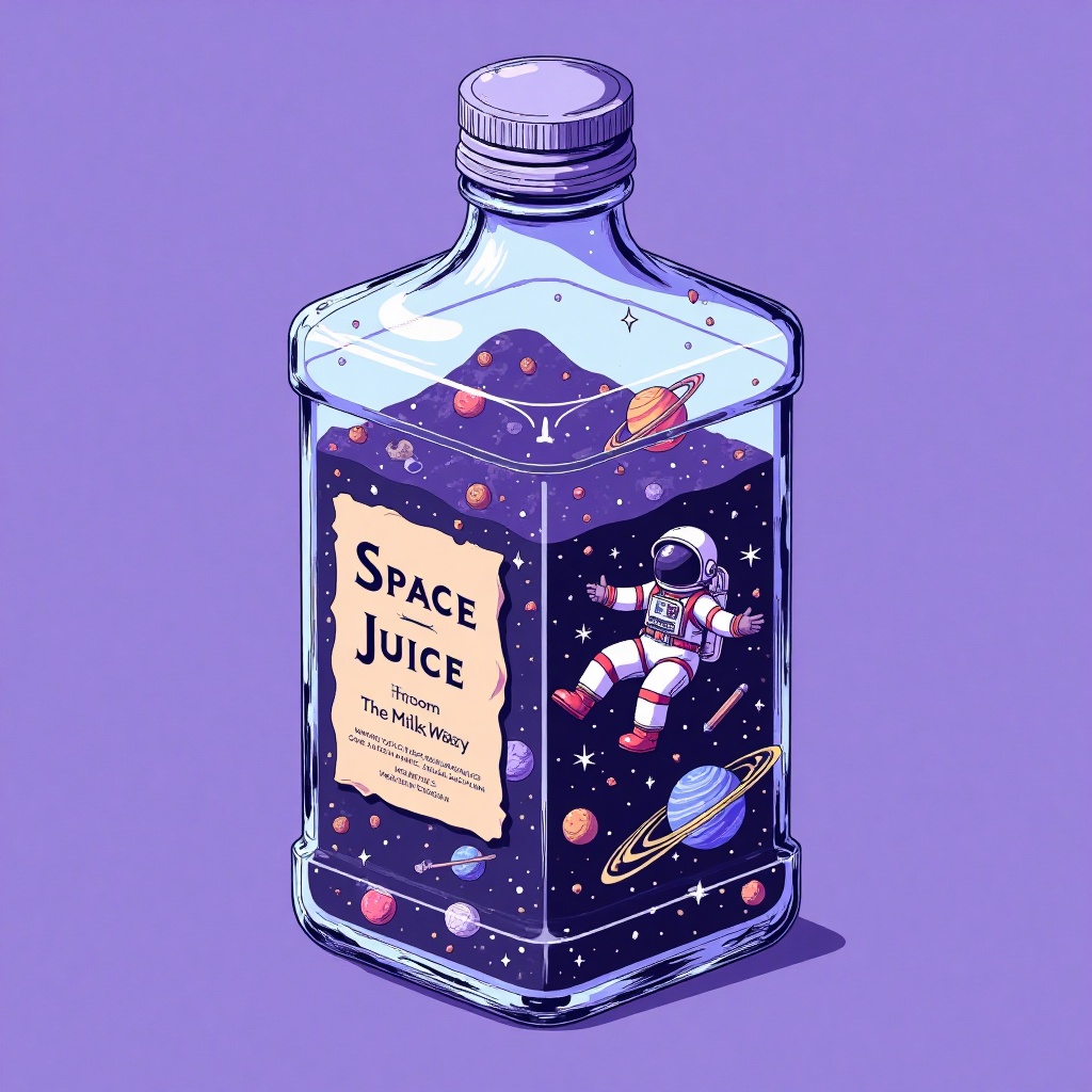 Inside the Bottle, This is a digital drawing in a vector illustration style featuring a clear glass bottle filled with a cosmic scene. The bottle is square-shaped and has a metallic cap with a small, circular opening. Inside the bottle, a small astronaut is floating in a vast, space-like environment. The astronaut, wearing a white spacesuit with red details, including a helmet with a visor, is positioned in the center of the bottle, appearing to be in mid-flight. Surrounding the astronaut are various celestial bodies and objects: a large, colorful planet with rings, a comet with a long, flowing tail, and several small, sparkling stars. The background of the bottle is filled with a deep purple color, creating a contrast with the clear glass and the vibrant cosmic scene inside. The text on the label reads "Space Juice From The Milk Way" in black, with additional smaller text in the bottom left corner. The overall image is whimsical and imaginative, combining elements of science fiction with a playful, artistic flair.
